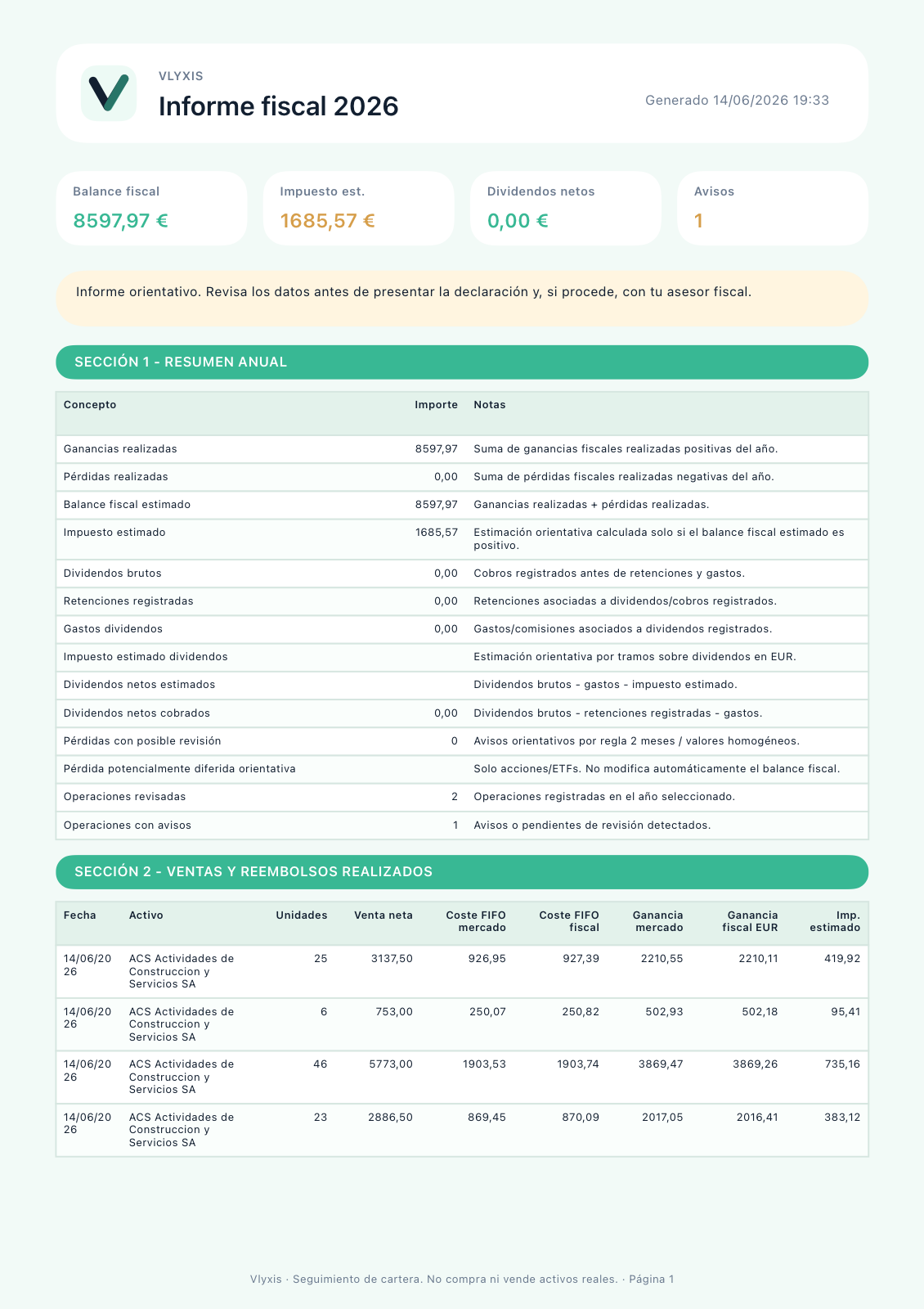 Vista previa real del informe fiscal orientativo generado por Vlyxis