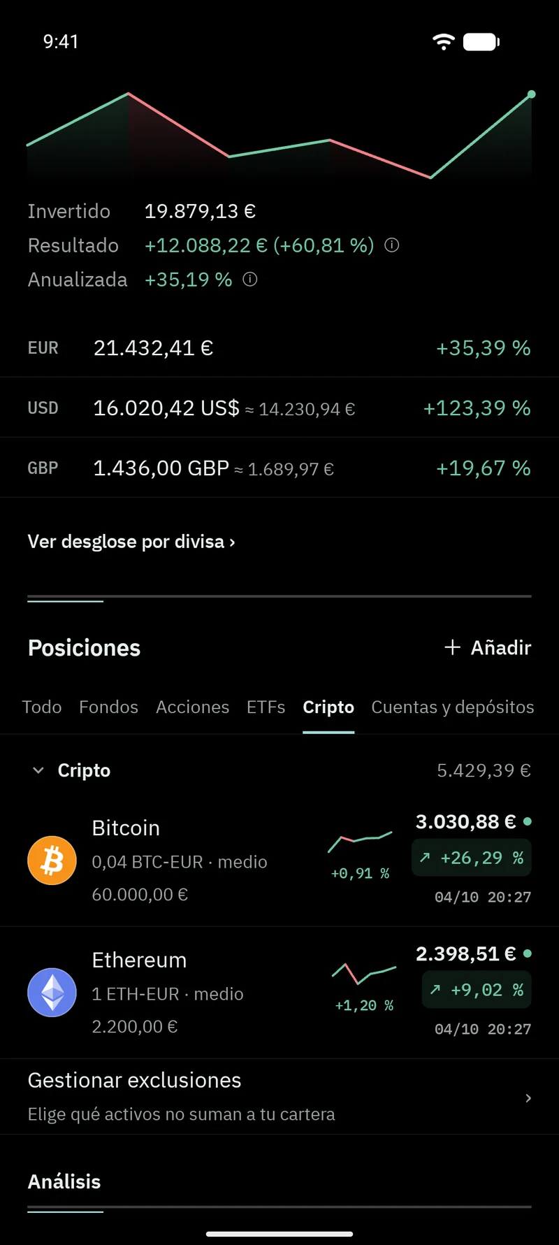 Cartera de Vlyxis con la pestaña de criptomonedas