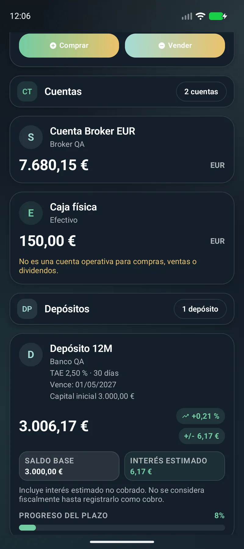 Cuentas y depósitos dentro de la cartera de Vlyxis