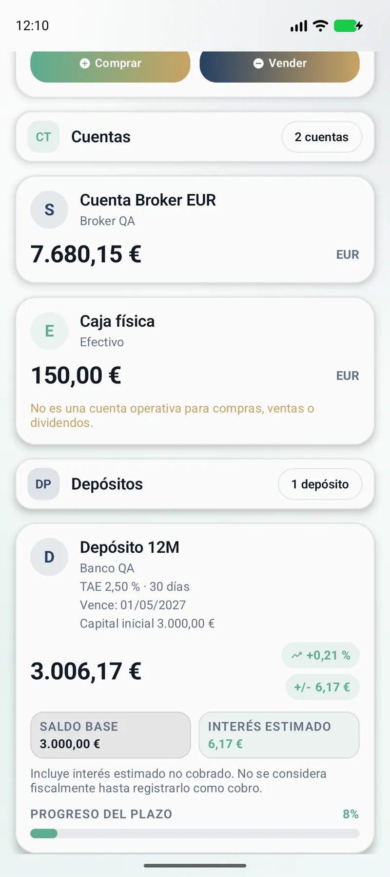 Cuentas y depósitos dentro de la cartera de Vlyxis