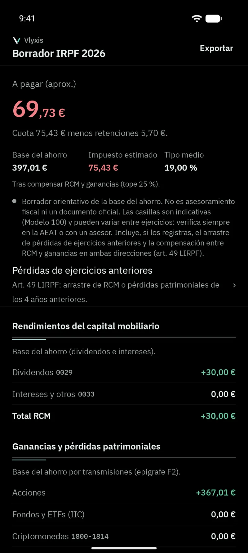 Borrador IRPF en Vlyxis: Las cifras ordenadas como en la declaración.