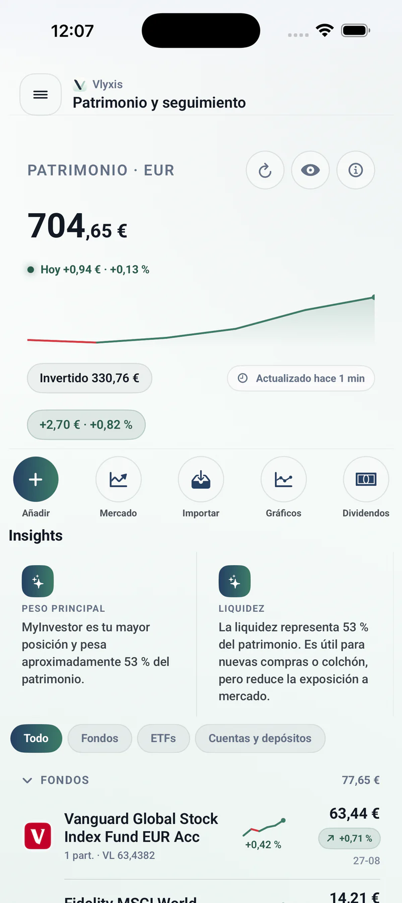 Pantalla de patrimonio de Vlyxis con el total, la evolución y accesos a las funciones principales