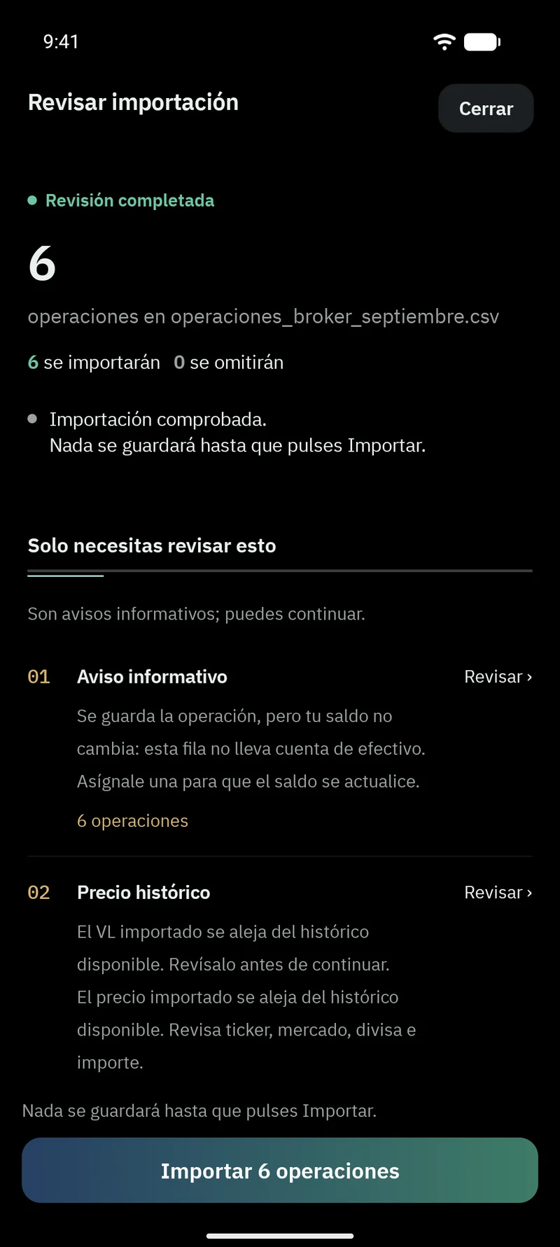 Importar en Vlyxis: Revisa antes de guardar.