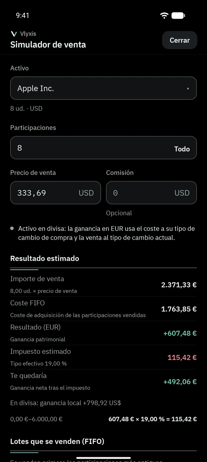 Simulador de venta de Vlyxis con el coste FIFO y el impuesto estimado